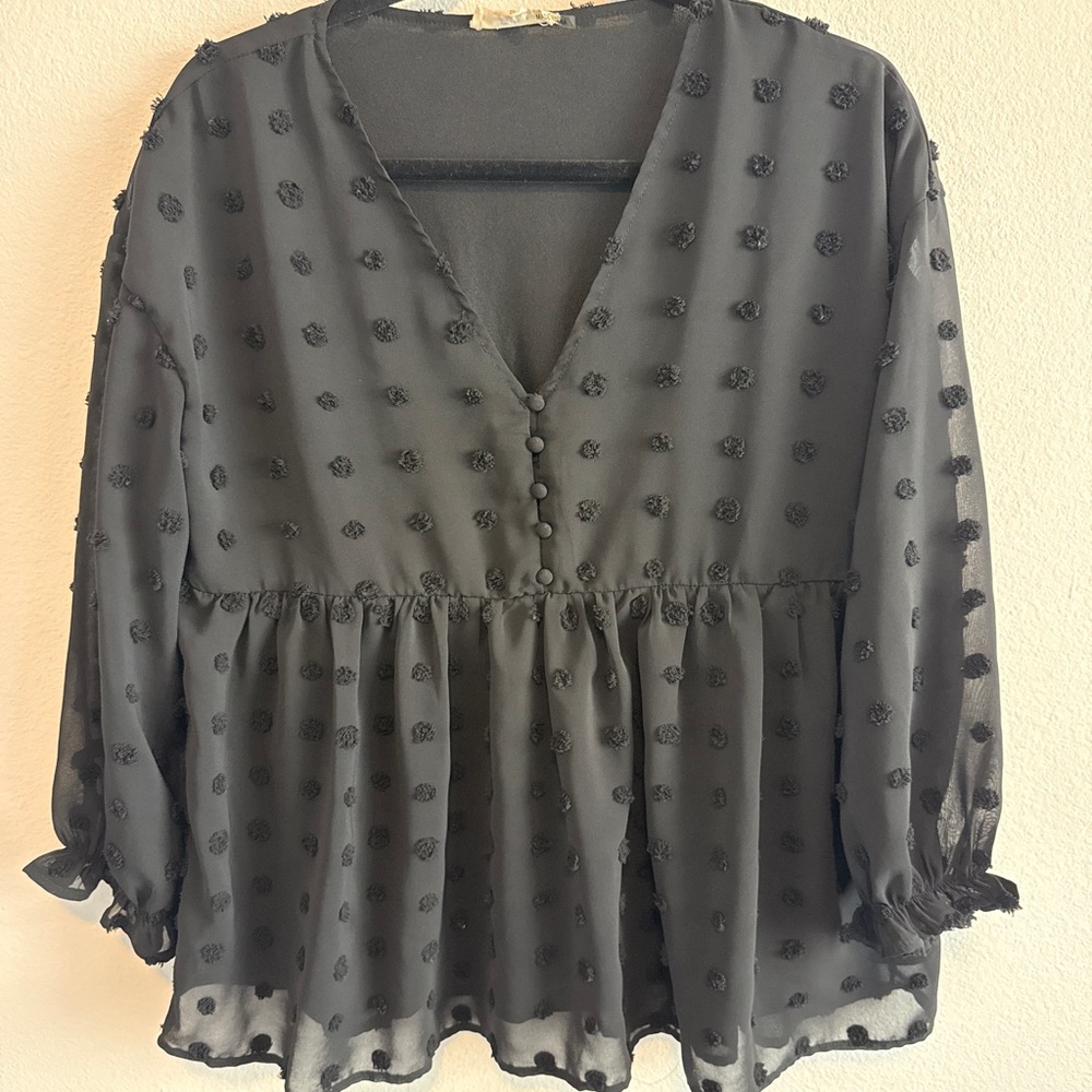 Elegant Black Sheer Women's Top with black textured polka dots